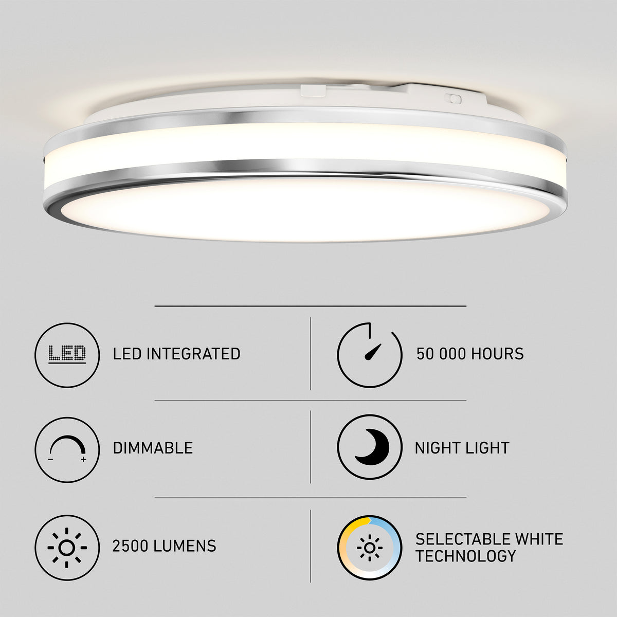 The Artika Hemisphere 15 in. LED flush mount light features integrated LED, 50,000-hour lifespan, adjustable brightness, night light mode, 2500 lumens, and selectable white (5 CCT)—a modern choice for bathroom lighting.