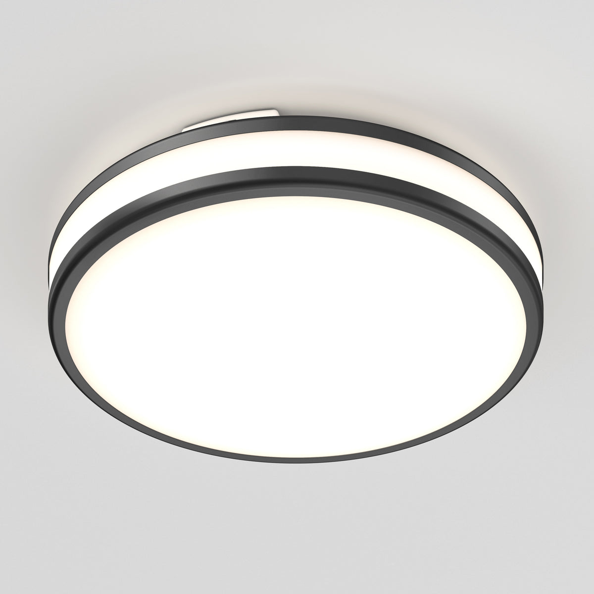 The Artika Hemisphere 15 in. LED flush mount light features adjustable brightness with 5 CCT options, a black rim, and a bright white diffuser, shown mounted on a plain white ceiling.