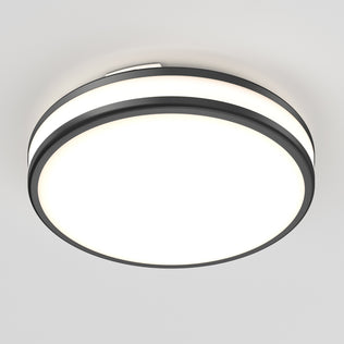 The Artika Hemisphere 15 in. LED flush mount light features adjustable brightness with 5 CCT options, a black rim, and a bright white diffuser, shown mounted on a plain white ceiling.