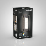 A product box for an Artika Glam outdoor LED wall light, showing a sleek rectangular light fixture with a crystal-like interior. The box displays features, specifications, and an image of the light installed outside a home.