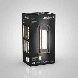 A black box for the Artika Glam indoor-outdoor LED wall light displays an image of the fixture, product information, and icons showcasing features like high brightness, energy efficiency, and long lifespan.