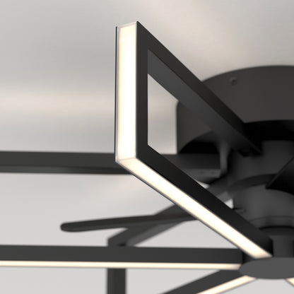 Close-up of the Artika Swirl 26 in. LED modern ceiling fan featuring black rectangular arms extending from a central circular base, blending sleek design with 3 speeds and remote control, against a light-colored ceiling.