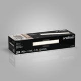 Rectangular black box packaging for an Artika Adeline LED vanity light, featuring product images, specifications, and branding on a gray gradient background.