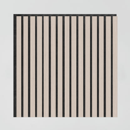 The Artika Sonolok 15.5 ft sound-absorbing wall panel kit (4-pack) features square panels with evenly spaced vertical stripes in alternating light wood and black, set against a plain light background.