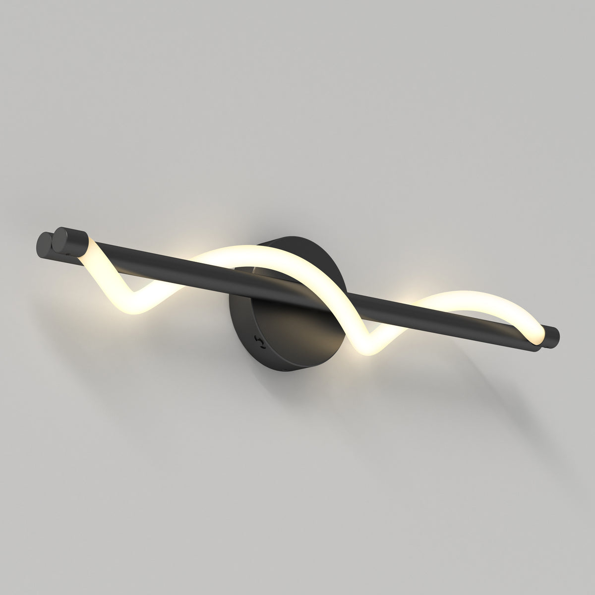 A modern wall sconce with a matte black circular base and a horizontal black rod, wrapped by a wavy, glowing LED light tube, mounted on a light gray wall.