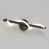 A modern wall sconce with a matte black circular base and a horizontal black rod, wrapped by a wavy, glowing LED light tube, mounted on a light gray wall.
