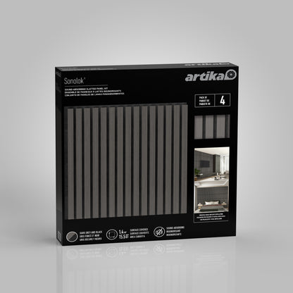 A gray box labeled Artika Sonolok 15.5 ft sound-absorbing wall panel kit (4-pack) contains four slatted panels in gray and dark gray, with product images, details, and decor examples on a light gray background.