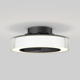 A modern ceiling-mounted light fixture with a circular, ribbed glass shade and a central black component, set against a plain light gray background.