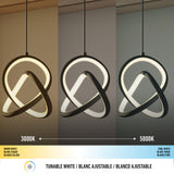 A modern pendant light is shown with three different color temperatures: warm white (3000K) on the left, neutral in the center, and cool white (5000K) on the right. A labeled temperature scale runs along the bottom.