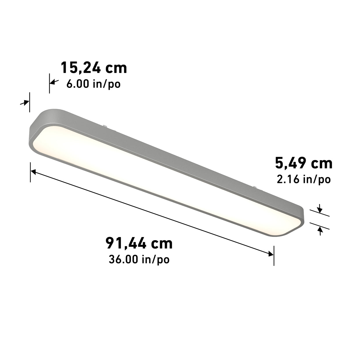 Rectangular ceiling light fixture with rounded edges, shown at an angle. Dimensions are: length 91.44 cm (36 in), width 15.24 cm (6 in), and height 5.49 cm (2.16 in).