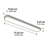 Rectangular ceiling light fixture with rounded edges, shown at an angle. Dimensions are: length 91.44 cm (36 in), width 15.24 cm (6 in), and height 5.49 cm (2.16 in).