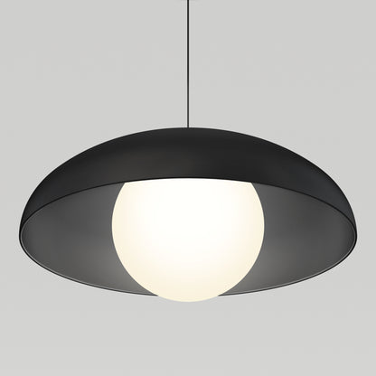 The Artika Boden LED modern mid-century pendant light features a black, wide, shallow dome shade and a glowing white bulb, suspended from a sleek black cord against a light gray background.