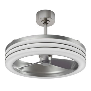 The Artika Horizon 23 in. LED modern ceiling fan features a circular metallic frame, three blades, a sleek brushed metal finish, an edge LED light ring, three speeds, and comes with a remote.