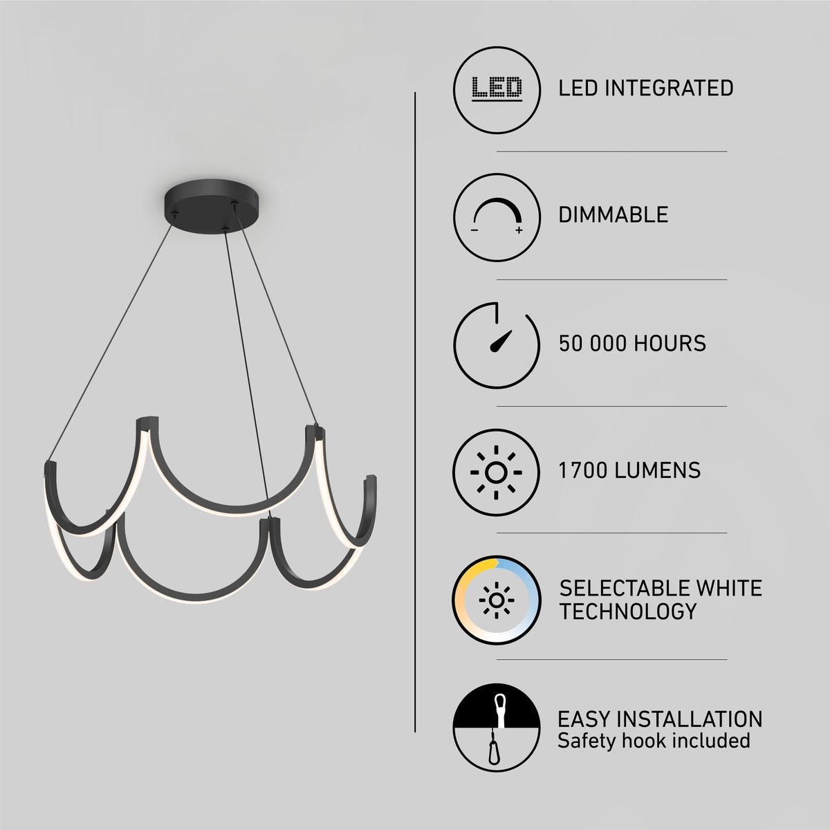 Artika Adelia LED pendant light features wave-shaped, modern black design with adjustable wires. It offers 1700 lumens, 5 selectable color temperatures (CCT), dimmable LED (50,000-hour lifespan), and easy installation.