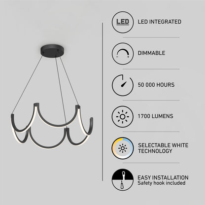 Artika Adelia LED pendant light features wave-shaped, modern black design with adjustable wires. It offers 1700 lumens, 5 selectable color temperatures (CCT), dimmable LED (50,000-hour lifespan), and easy installation.