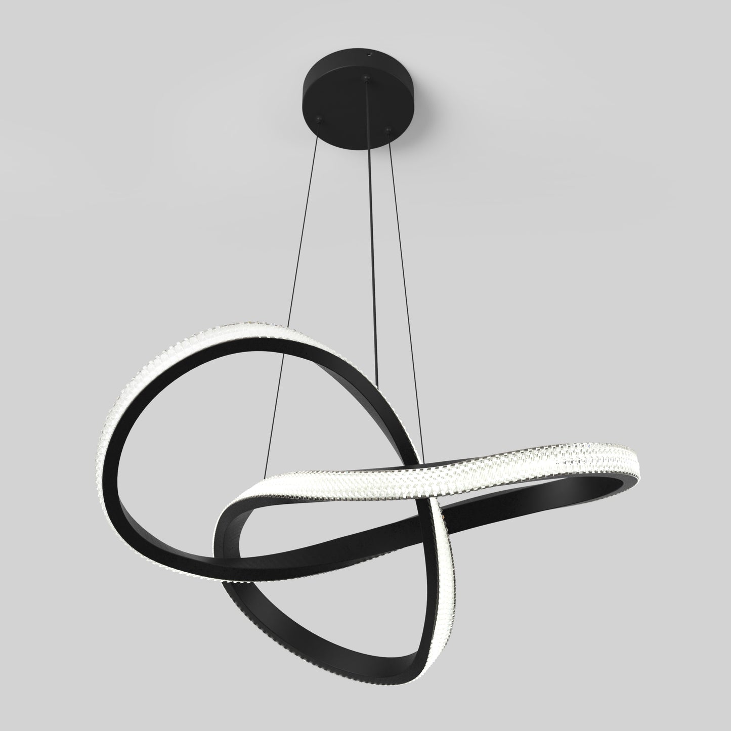 The Artika Morgan LED contemporary pendant light features two intertwined black loops with white textured inner edges, suspended by thin wires from a round black ceiling mount, offering modern sculptural style and 5 selectable color temperatures.