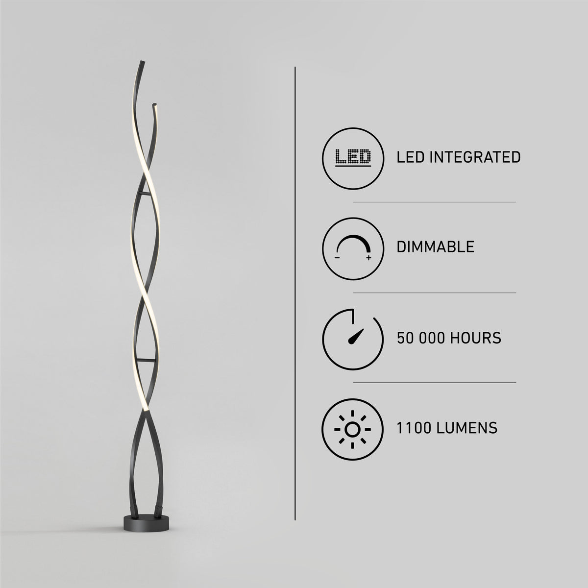 On the left stands the Swirl modern LED floor lamp by Artika; on the right, icons and text showcase features: integrated LED, dimmable, 50,000-hour lifespan, and 1,100 lumens brightness.