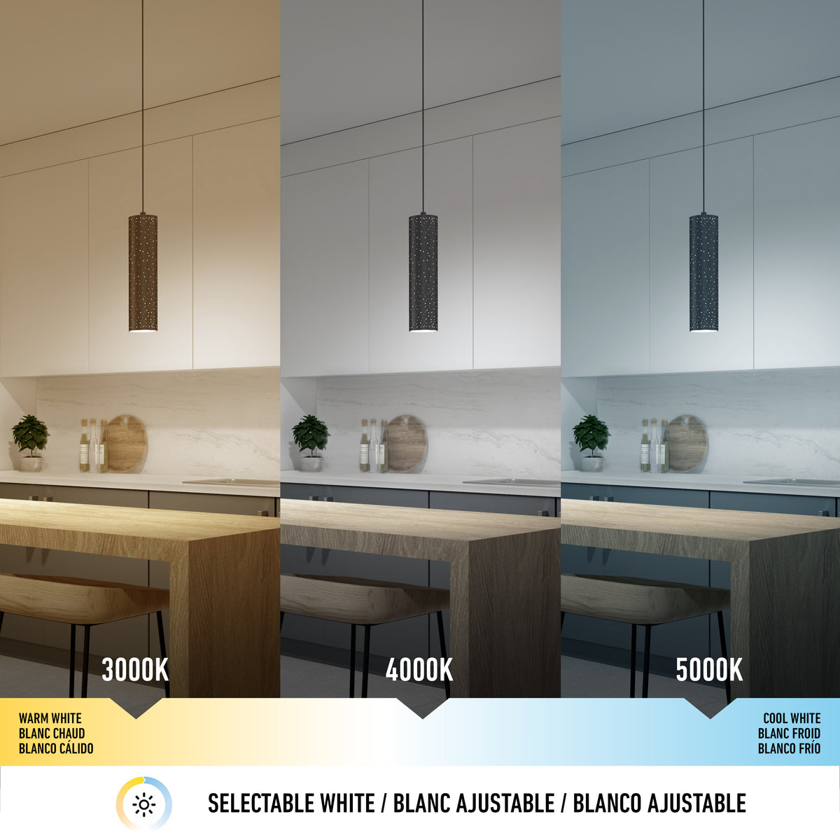 A kitchen is shown under three different lighting temperatures: warm white at 3000K, neutral white at 4000K, and cool white at 5000K, demonstrating the effect of selectable white LED lighting.