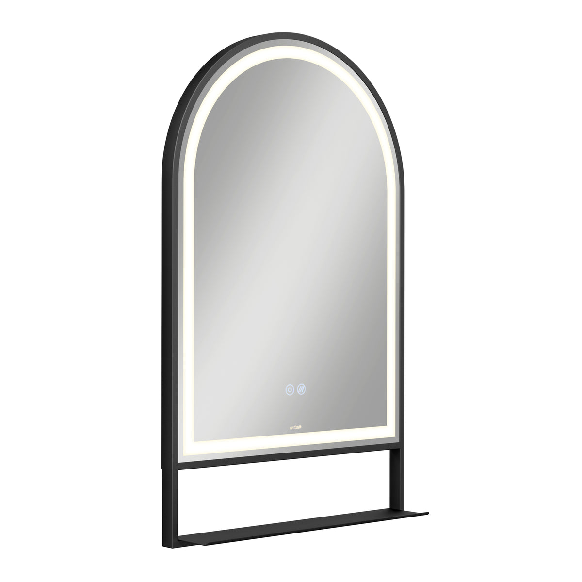 A modern, arched wall mirror with a black frame and built-in LED lighting around the inner edge. The mirror features a small touch control panel on the surface and a narrow black shelf at the bottom.