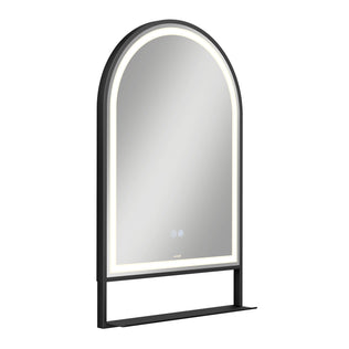 The Artika Arturo 20 in. x 32 in. LED mirror features an arched black frame, built-in edge LED lighting with touch controls, a slim base shelf, and a defogger with 3 selectable color temperatures.
