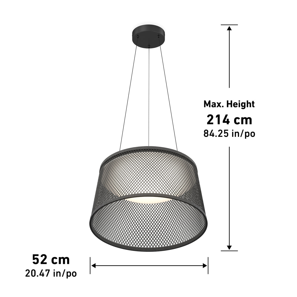Black mesh pendant light fixture suspended by three cables from a round ceiling mount. The shade is 52 cm (20.47 in) wide and the maximum hanging height is 214 cm (84.25 in).