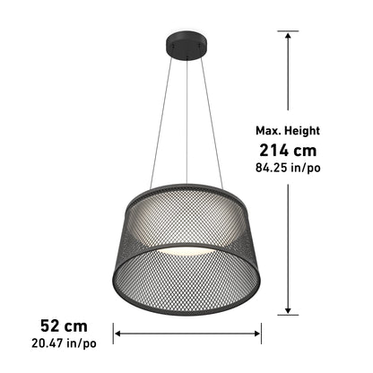 The Adrian LED pendant light 3 CCT by Artika features a black mesh drum shade (52 cm diameter), suspended by three wires from a round ceiling mount, with a max hanging height of 214 cm.