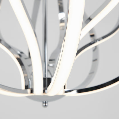 Close-up of the Artika Meridian LED pendant light, featuring curved chrome-finished arms and integrated LED strips, set against a plain light gray background.