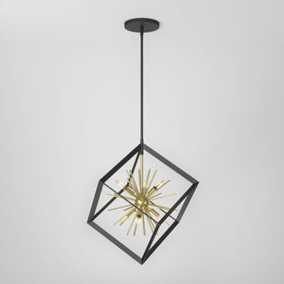 The Artika Nebula 6-light pendant features a gold starburst design within a black open cube frame, suspended by a black rod, shown against a plain white background.