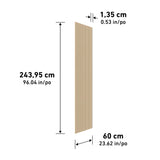 A rectangular wood panel with vertical grooves, measuring 243.95 cm (96.04 in) tall, 60 cm (23.62 in) wide, and 1.35 cm (0.53 in) thick. Dimensions are labeled in both centimeters and inches.