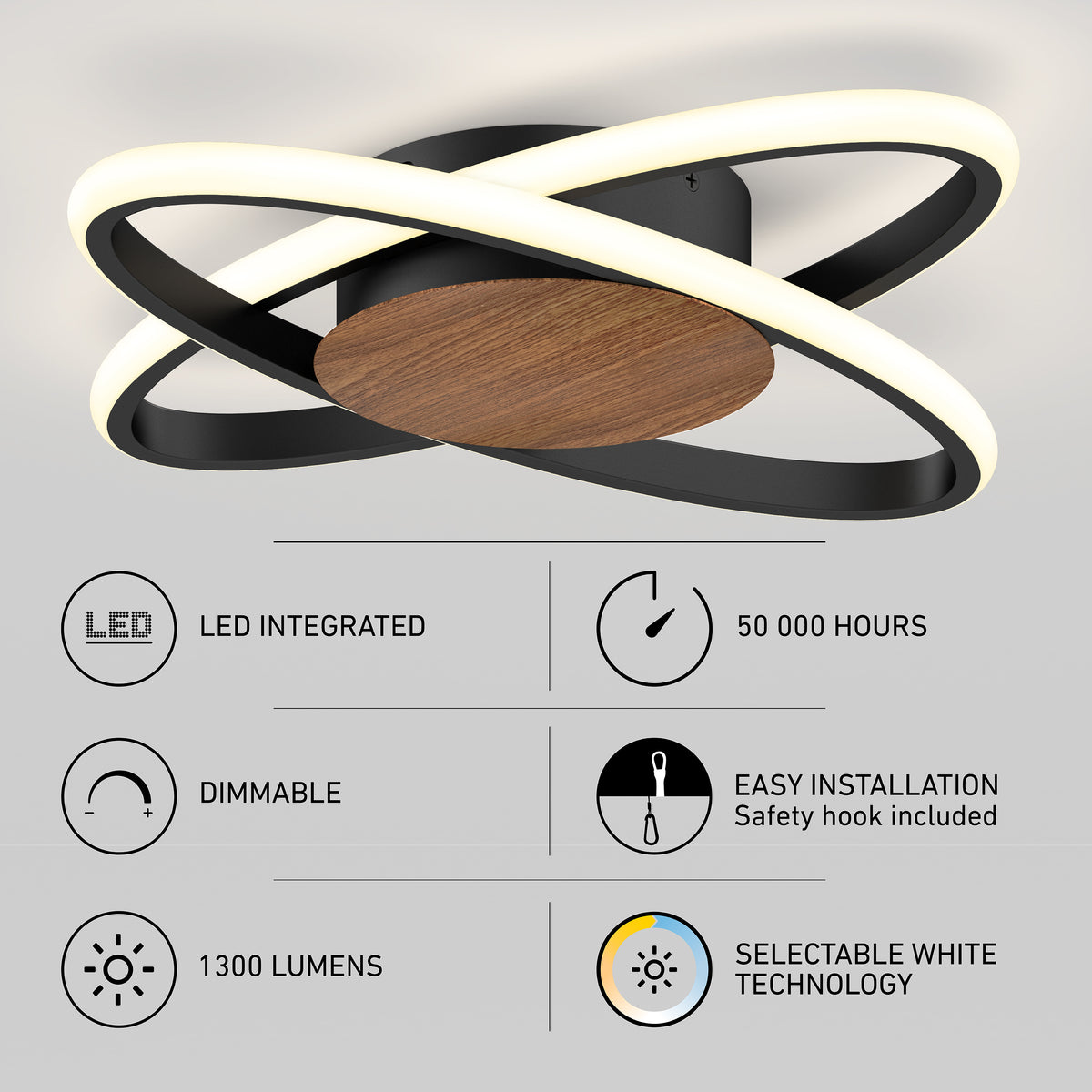 Modern ceiling light fixture with two intersecting LED rings, wood and black base. Infographic highlights: LED integrated, dimmable, 1300 lumens, 50,000-hour lifespan, selectable white technology, and easy installation.
