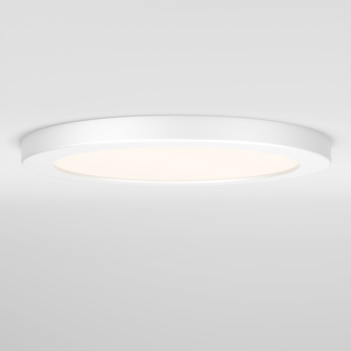 The Artika Europa Disk 9 in. LED modern flush mount light, in white, is illuminated against a plain white ceiling.
