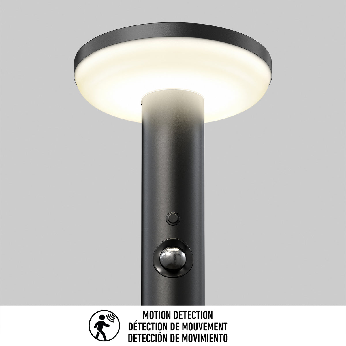 The Artika Urbia Solar LED Bollard with Motion Sensor, shown on a plain gray background.