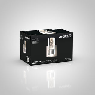 A black Artika box displays the Essence 1-light LED bathroom vanity light with product image and specs on the packaging.