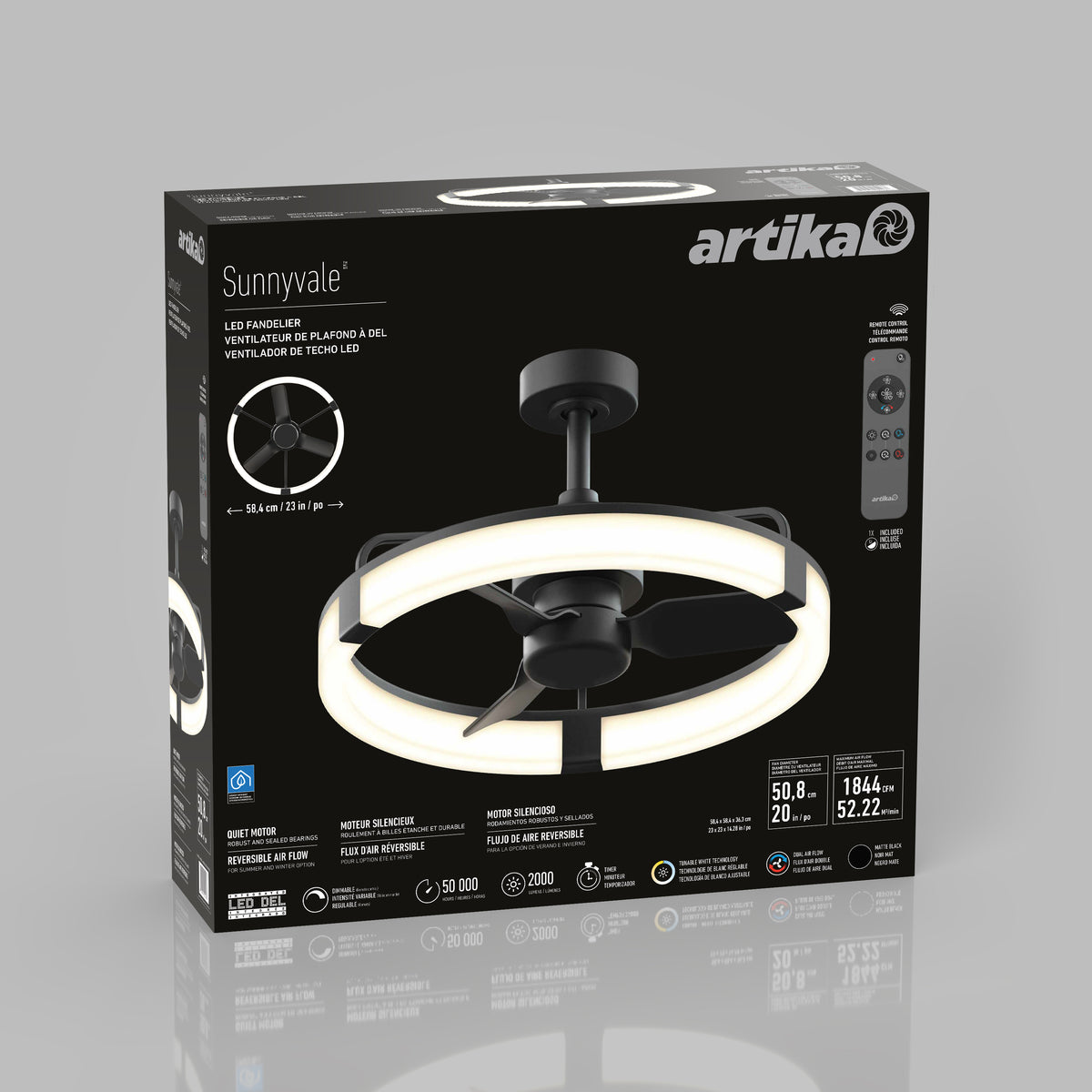 Artika Sunnyvale 23 in. LED fandelier ceiling fan box with remote, modern features, and product image on gray background.