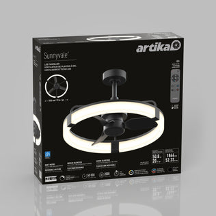 Artika Sunnyvale 23 in. LED fandelier ceiling fan box with remote, modern features, and product image on gray background.