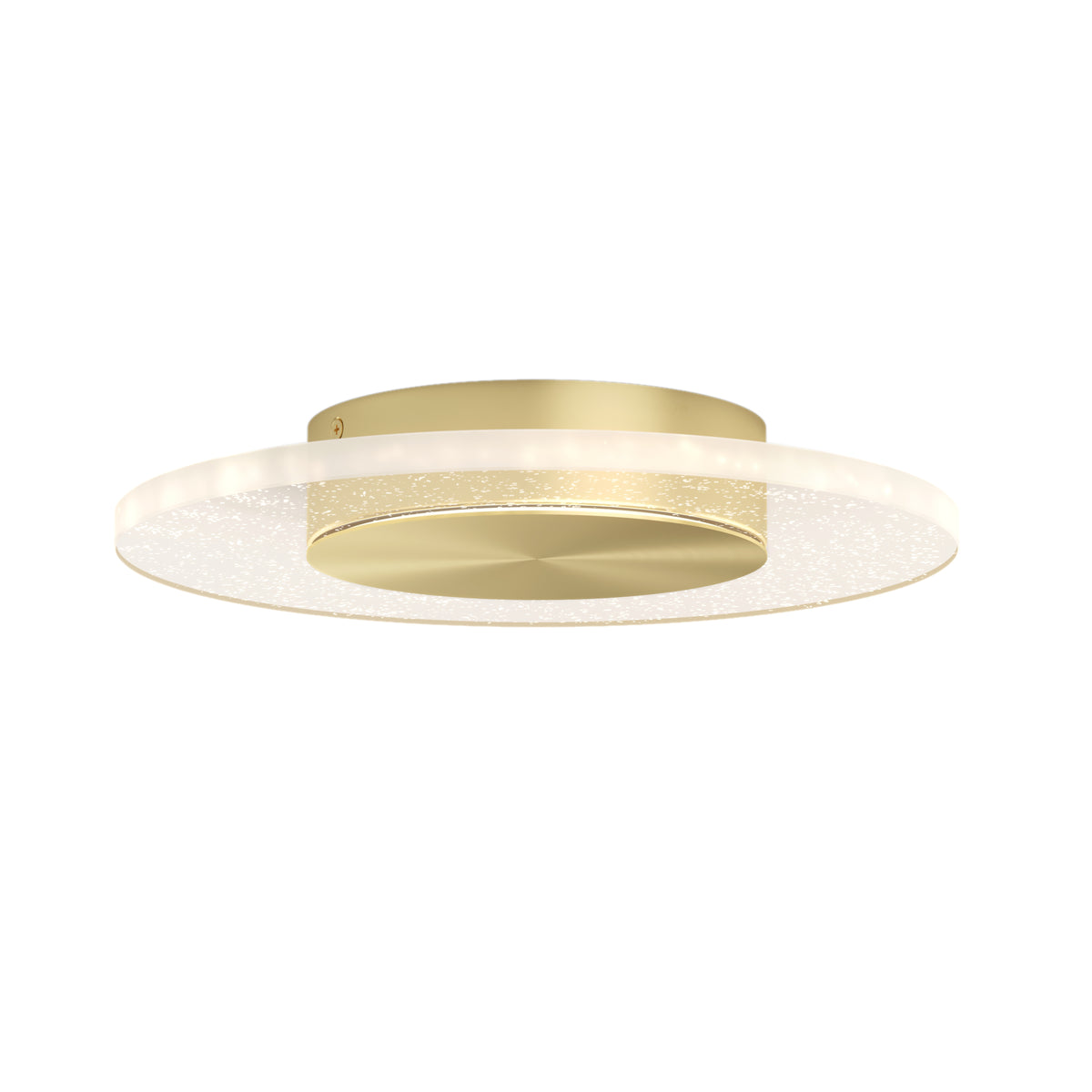 The Artika Essence Disk LED flush mount features a round, flat frosted glass shade with a subtle sparkle and a sleek metallic gold base.