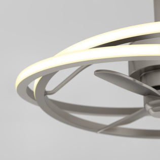 Close-up of the Artika Coda 23 in. LED modern ceiling fan with remote, featuring sleek metallic blades and tunable color temperature.