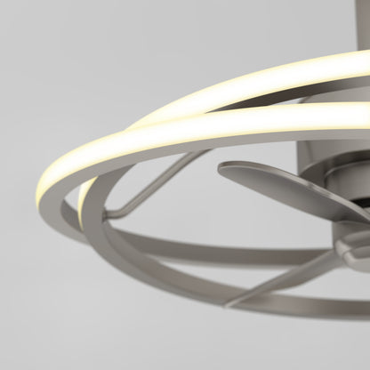 Close-up of the Artika Coda 23 in. LED modern ceiling fan with remote, featuring metallic blades and a circular LED light kit, set against a plain light gray background.