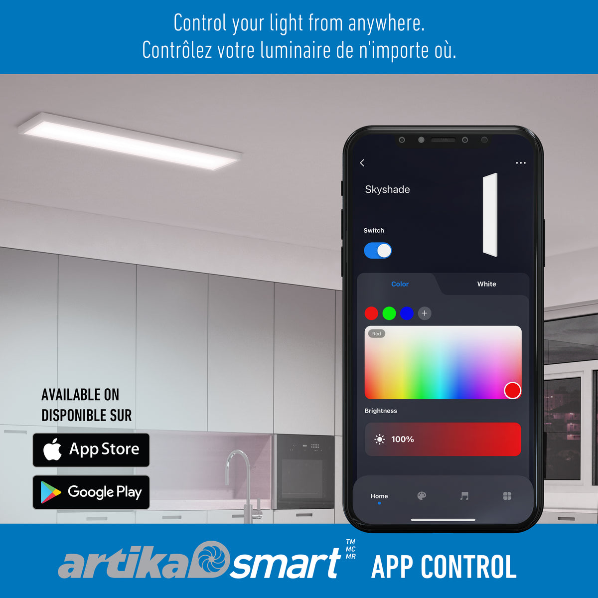 A smartphone shows the Artika Skyshade smart RGB LED light panel app for remote control in a modern kitchen, with app store logos.