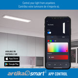 A smartphone displays a lighting control app in front of a modern kitchen with a ceiling light. Text promotes app control via Artika Smart, available on the App Store and Google Play. Instructions are in English and French.