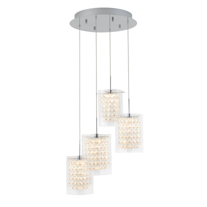 The Artika Crystal Cube 4-light LED pendant light features four crystal-covered rectangular shades suspended at varying heights from a round metallic base, offering a modern ceiling lighting solution.