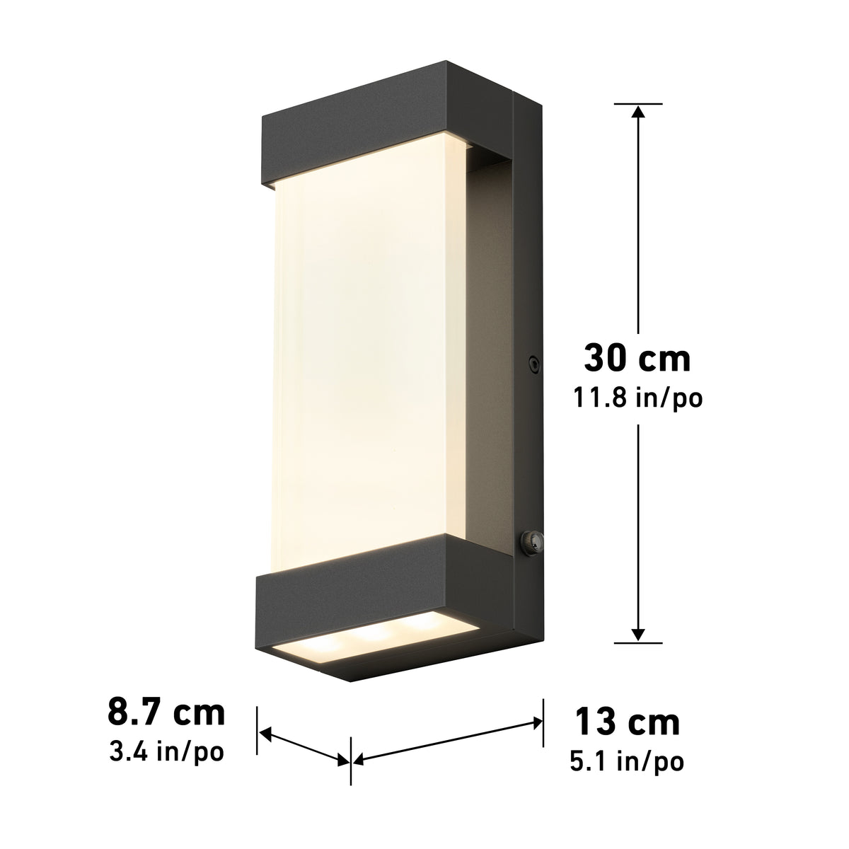 The Artika Glacier indoor-outdoor LED wall light features a black frame, frosted center panel, and measures 30 cm (11.8 in) tall, 13 cm (5.1 in) wide, and 8.7 cm (3.4 in) deep.