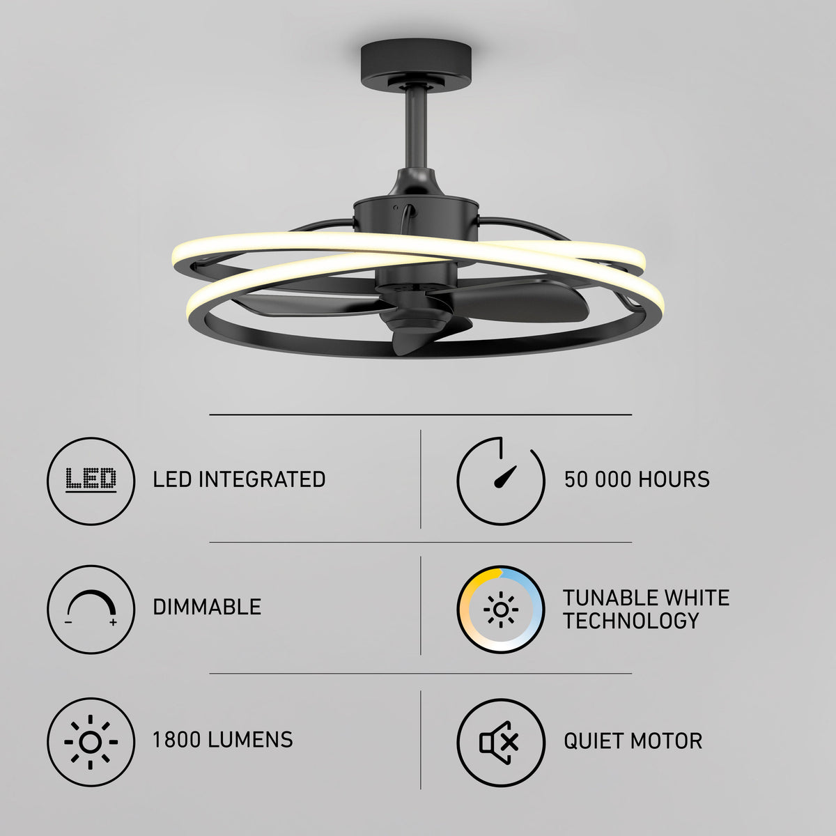 Artika Coda 23″ LED fandelier ceiling fan with remote, dimmable white, 1800 lumens, 50,000 hrs, quiet motor.