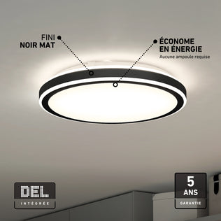 Artika Altitude 15 in. (38 cm) Modern LED Flush Mount Ceiling Light with a black rim, matte finish, energy efficiency, 5 CCT, and 5-year warranty.