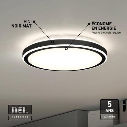 Artika Altitude 15 in. (38 cm) Modern LED Flush Mount Ceiling Light with a black rim, matte finish, energy efficiency, 5 CCT, and 5-year warranty.