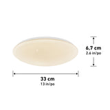 Round ceiling light fixture with a warm glow, shown with dimensions: 33 cm (13 in) wide and 6.7 cm (2.6 in) tall. The fixture has a smooth, dome-like shape.