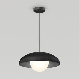 The Artika Boden LED modern mid-century pendant light features a black dome-shaped shade and glowing white globe bulb, hanging from a thin black cord, ideal for contemporary spaces.