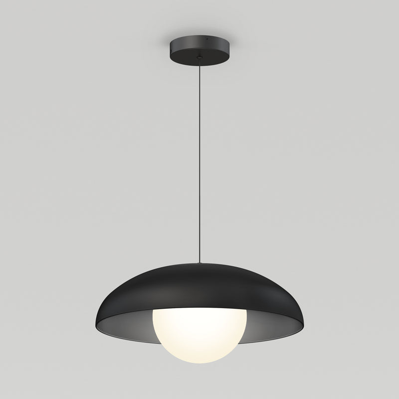 The Artika Boden LED modern mid-century pendant light features a black dome-shaped shade and glowing white globe bulb, hanging from a thin black cord, ideal for contemporary spaces.