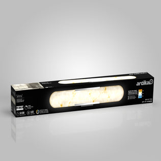 Artika Selena LED bathroom vanity light 3 CCT in black box with product details and marble-patterned bathroom lighting image.
