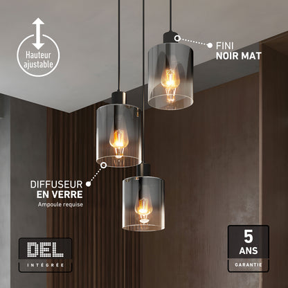 The Artika Haze modern 3-light pendant light with glass diffusers—perfect for kitchen islands; features and warranty in French.